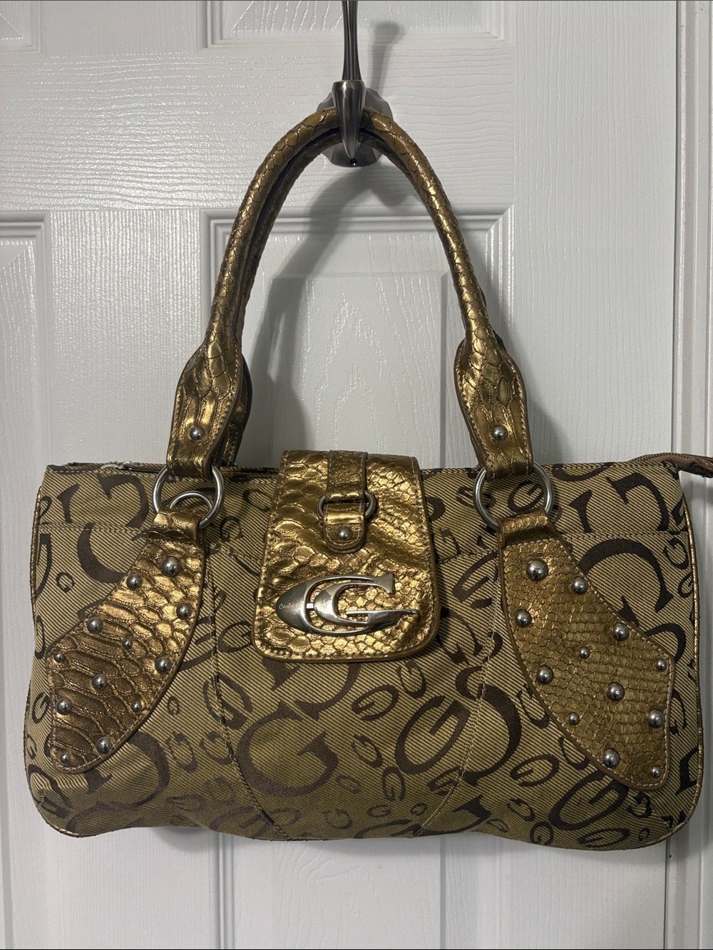Carlo G Y2K Gold Monogram Studded Satchel Handbag